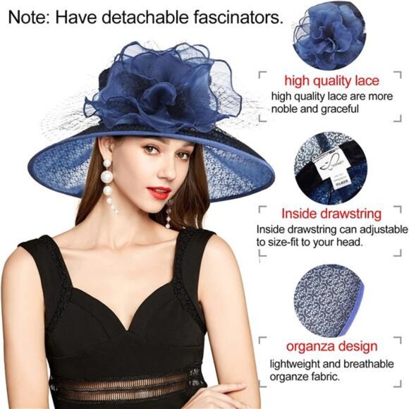 Derby Hats for Women, Classy Organza Sun Hat, Navy Blue main image 4